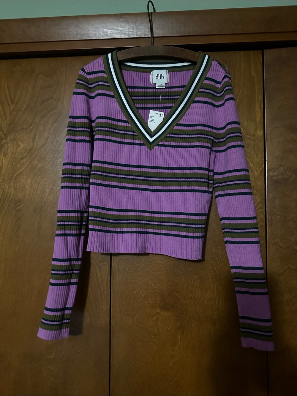 BDG URBAN OUTFITTER cropped sweater striped v neck sz L fitted ribbed pink brown